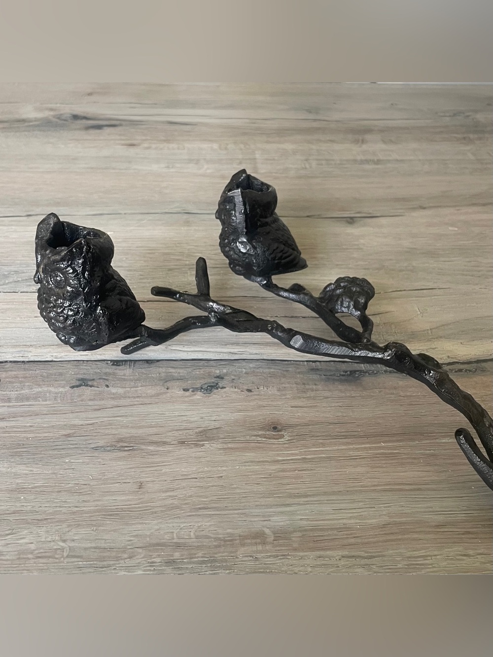 Vintage cast iron metal owls on branch caldebrera 2 owl candle holders brutalist